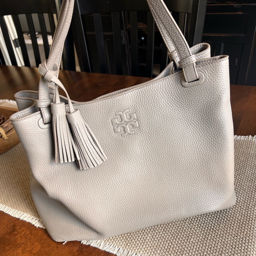 Tory Burch Pebbled Leather Tote in Light Gray with Tassels